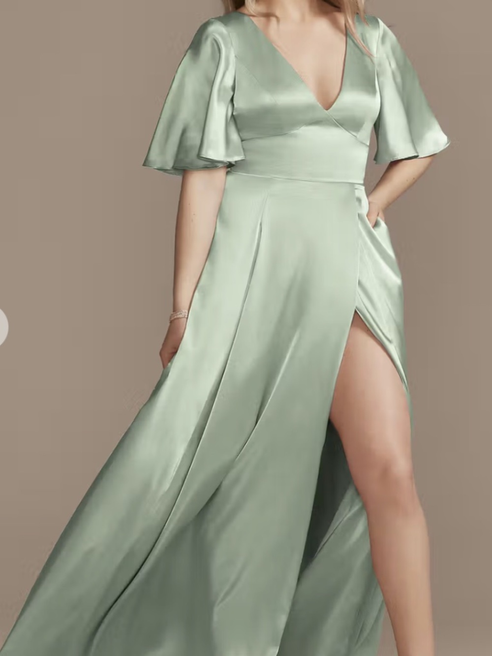 Sage Green - Charmeuse Flutter-Sleeve A-Line Dress